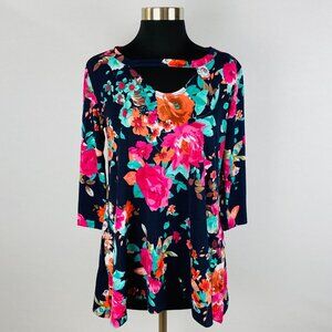 Heimish Bold Colorful Vibrant Women's S Small Floral Print Scoop Neck Top New